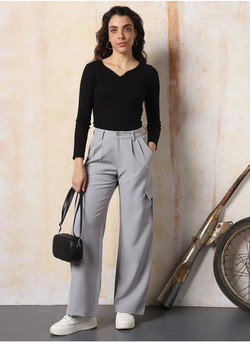 HIGH STAR Women's Light Grey 100% Polyester Solid Full Length Wide Wide Leg Trouser