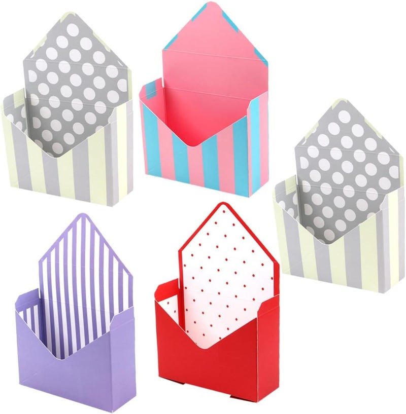 Healvian Envelope Flower Boxes 5pcs Paper Packing Box Set with Folding Bouquet Wrappers for Floral Packaging and Presentation, Mixed Crimson Spot, Beige Dot, Purple and Blue Stripe Designs, - Image 1