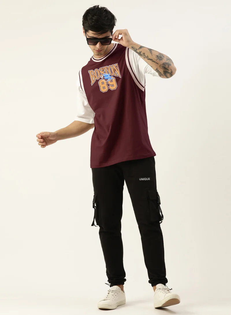 مانياك Maniac Mens Printed Round Neck Half Sleeve Burgundy Cotton Oversized T-Shirt