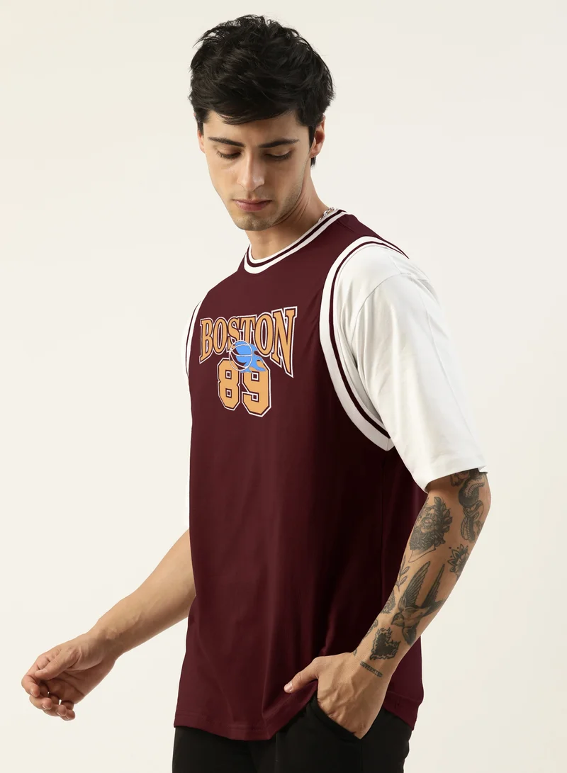 مانياك Maniac Mens Printed Round Neck Half Sleeve Burgundy Cotton Oversized T-Shirt