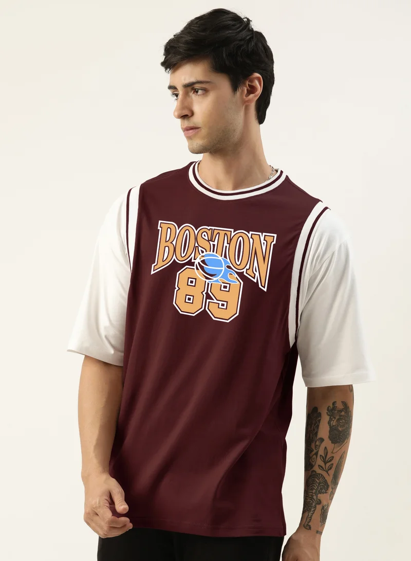 مانياك Maniac Mens Printed Round Neck Half Sleeve Burgundy Cotton Oversized T-Shirt