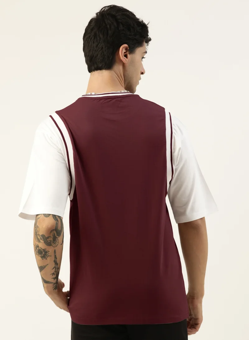 مانياك Maniac Mens Printed Round Neck Half Sleeve Burgundy Cotton Oversized T-Shirt