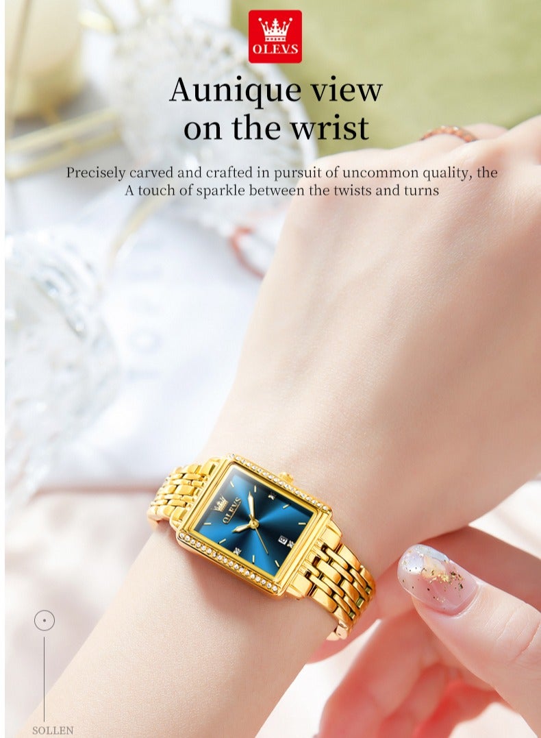 أوليفز ساعة نسائية أنيقة وعصرية مربعة الشكل بسوار كوارتز مع تاريخ مقاومة للماء هيكل ذهبي ومينا أزرق 9995 - Image 3