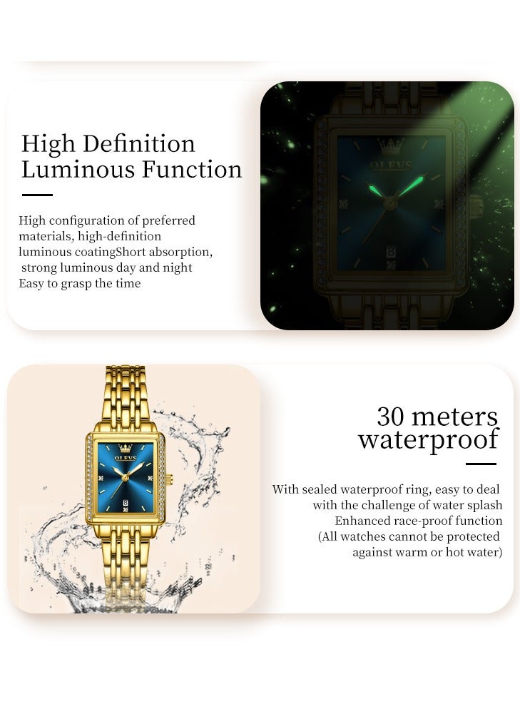 أوليفز ساعة نسائية أنيقة وعصرية مربعة الشكل بسوار كوارتز مع تاريخ مقاومة للماء هيكل ذهبي ومينا أزرق 9995 - Image 5