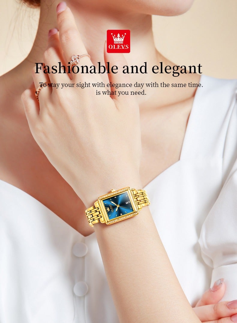 أوليفز ساعة نسائية أنيقة وعصرية مربعة الشكل بسوار كوارتز مع تاريخ مقاومة للماء هيكل ذهبي ومينا أزرق 9995 - Image 2