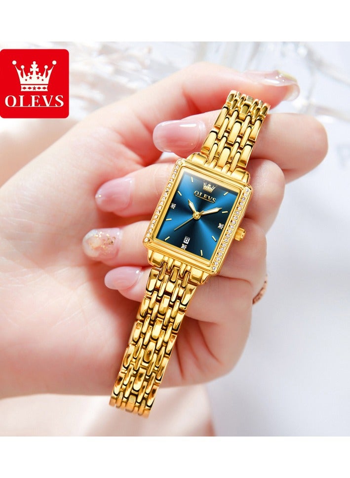 أوليفز ساعة نسائية أنيقة وعصرية مربعة الشكل بسوار كوارتز مع تاريخ مقاومة للماء هيكل ذهبي ومينا أزرق 9995 - Image 1