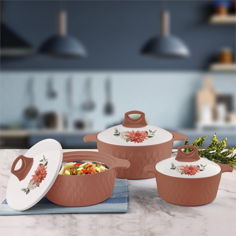 Asian Casserole Hotpot, Stainless Steel insulated Hot Pot, Food Warmer, Keeps Food Warm for Hours | Diamond | Set of 3 Pcs | 1.5L, 2.5L, 3.5L (Brown) - Image 2