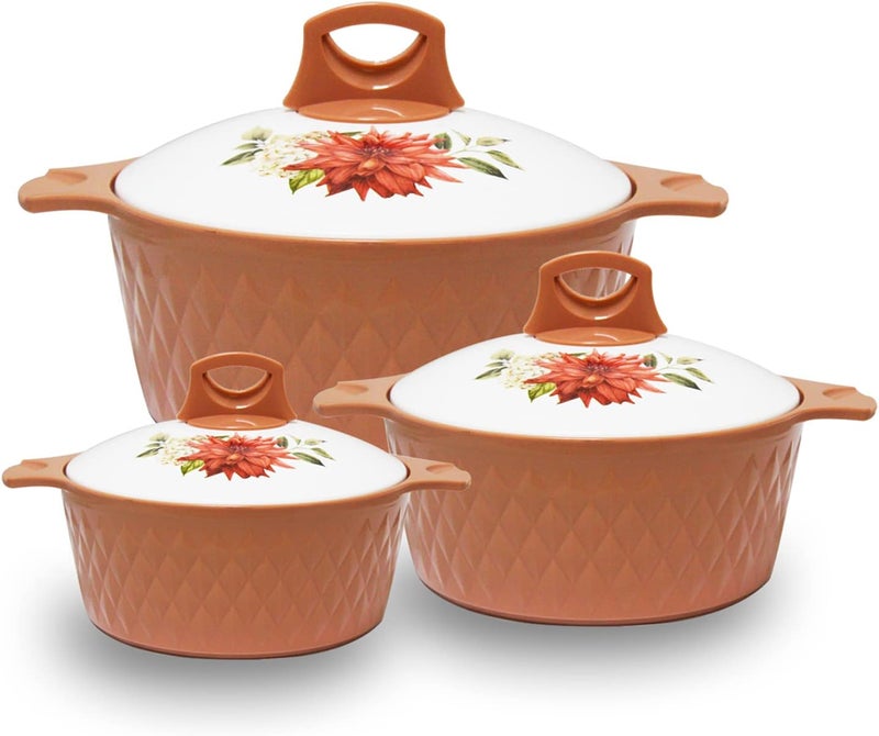 Asian Casserole Hotpot, Stainless Steel insulated Hot Pot, Food Warmer, Keeps Food Warm for Hours | Diamond | Set of 3 Pcs | 1.5L, 2.5L, 3.5L (Brown) - Image 1