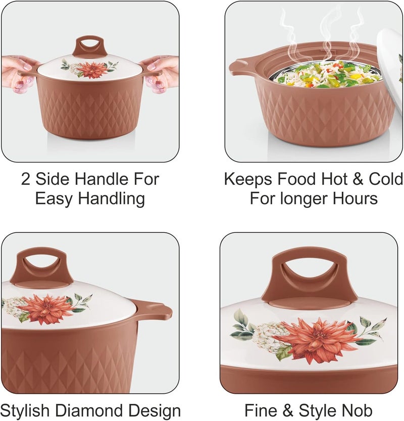Asian Casserole Hotpot, Stainless Steel insulated Hot Pot, Food Warmer, Keeps Food Warm for Hours | Diamond | Set of 3 Pcs | 1.5L, 2.5L, 3.5L (Brown) - Image 4