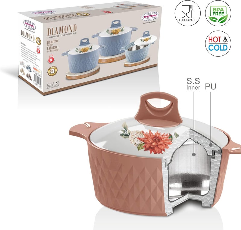 Asian Casserole Hotpot, Stainless Steel insulated Hot Pot, Food Warmer, Keeps Food Warm for Hours | Diamond | Set of 3 Pcs | 1.5L, 2.5L, 3.5L (Brown) - Image 5