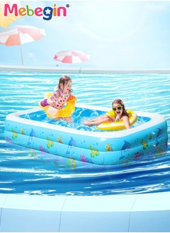 MEBEGIN 130*90*48cm Rectangle Shape Inflatable Swimming Pool with Marine Animal Print, Thickened Swimming Pool, Paddling Pool with Inflatable Safety Bubble Bottom, Durable Multifunctional Blow up Pool, Family Lounge Pool, Ideal Choice for Indoor Entertainment and Outdoor Activities  - Image 1