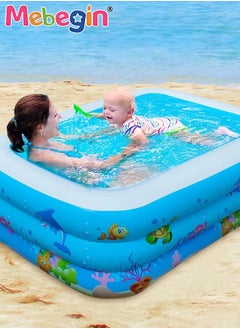 MEBEGIN 130*90*48cm Rectangle Shape Inflatable Swimming Pool with Marine Animal Print, Thickened Swimming Pool, Paddling Pool with Inflatable Safety Bubble Bottom, Durable Multifunctional Blow up Pool, Family Lounge Pool, Ideal Choice for Indoor Entertainment and Outdoor Activities  - Image 2