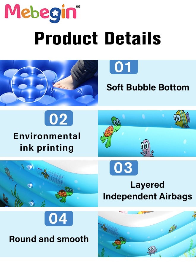 MEBEGIN - 130*90*48cm Rectangle Shape Inflatable Swimming Pool with Marine Animal Print, Thickened Swimming Pool, Paddling Pool with Inflatable Safety Bubble Bottom, Durable Multifunctional Blow up Pool, Family Lounge Pool, Ideal Choice for Indoor Entertainment and Outdoor Activities - Image 1
