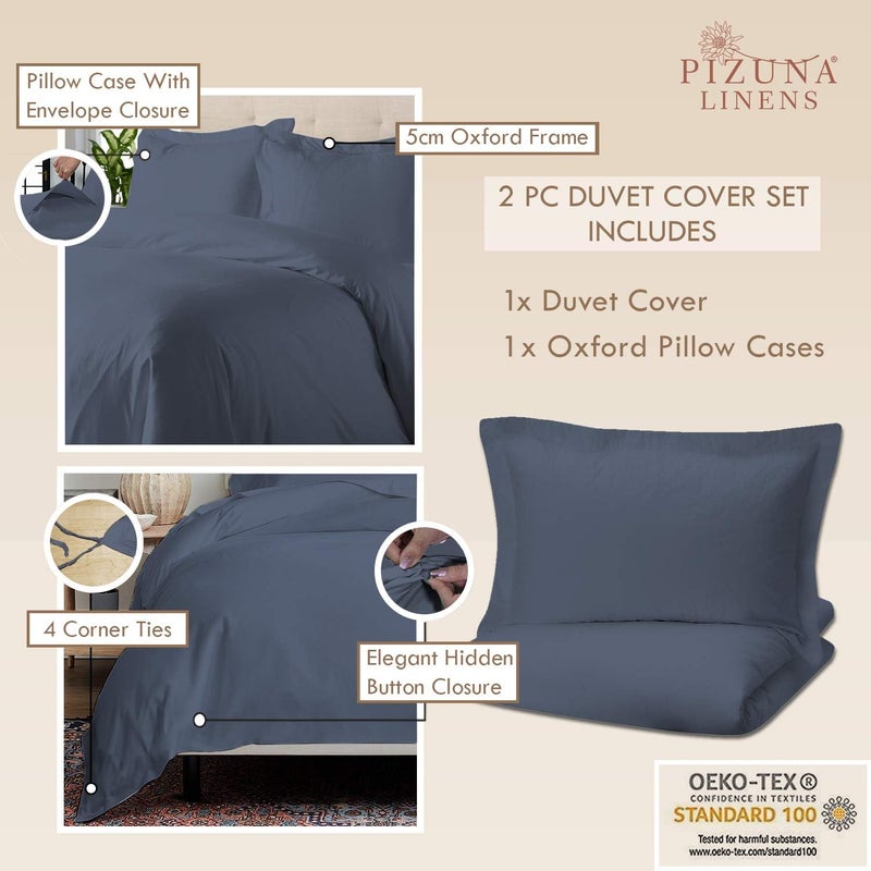 PIZUNA 100% Cotton Duvet Cover Single Size 140x200 cm Dark Blue, 400 Thread Count Long Staple Cotton Sateen Weave Duvet Cover Set with 1 Pillowcase (Dark Blue Bedding Duvet Cover Sets) - Image 3