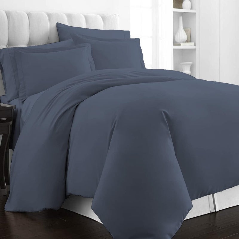 PIZUNA 100% Cotton Duvet Cover Single Size 140x200 cm Dark Blue, 400 Thread Count Long Staple Cotton Sateen Weave Duvet Cover Set with 1 Pillowcase (Dark Blue Bedding Duvet Cover Sets) - Image 1