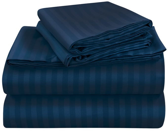 4 PIECE FULL SHEETS SET SOFT BRUSHED 1800 MICROFIBER BEDDING 1 FITTED 1 FLAT SHEET 2 PILLOWCASES WRINKLE FREE FADE RESISTANT HOTEL LUXURY BED SHEETS STRIPE NAVY FULL