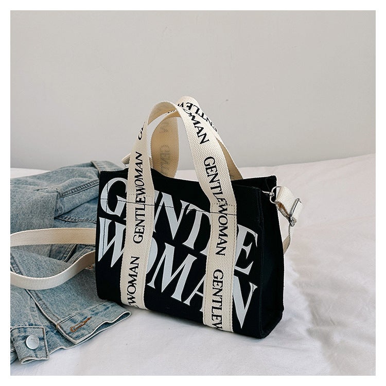 2024 Gentle Woman Canvas Tote Bag with Letter Print black with white 