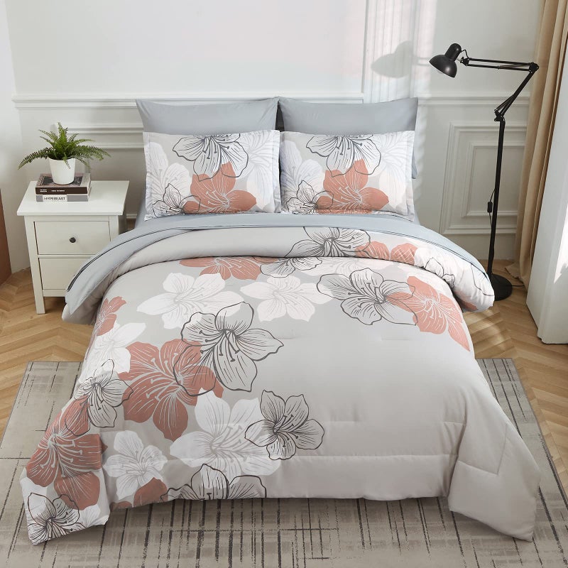 Luxudecor Floral Comforter Set King Size, Blush Floral Pattern Printed on Grey, Soft Microfiber 7 Pieces Bed in a Bag (1 Comforter, 2 Pillow Shams, 1 Flat Sheet, 1 Fitted Sheet, 2 Pillowcases) - Image 3