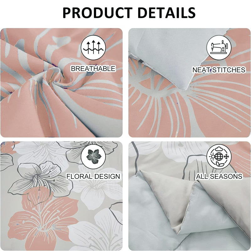 Luxudecor Floral Comforter Set King Size, Blush Floral Pattern Printed on Grey, Soft Microfiber 7 Pieces Bed in a Bag (1 Comforter, 2 Pillow Shams, 1 Flat Sheet, 1 Fitted Sheet, 2 Pillowcases) - Image 4