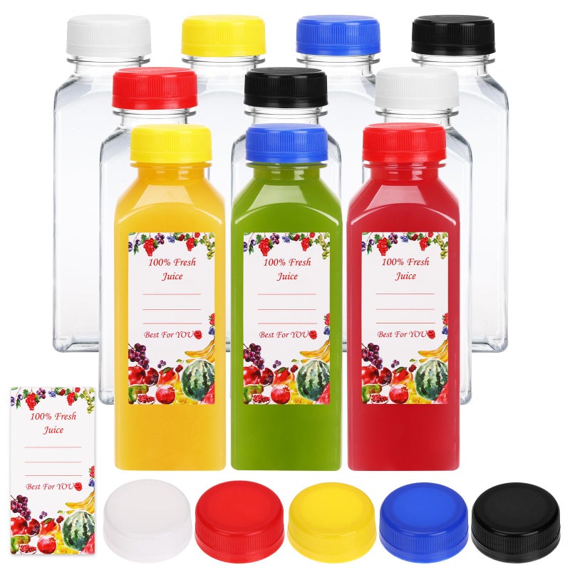 SUPERLELE 10pcs 12oz Plastic Juice Bottles with Different Color Caps, Reusable Juice Containers with Lids for Juicing, Smoothie, Drinking and Other Beverages(Color) - Image 1