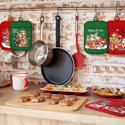 Jingmore 12 Pcs Christmas Pot Holders with Pocket Red Green Pot Holders for Kitchen Santa Claus Snowman Hot Pads and Oven Mitts Cute Farmhouse Oven Gloves Gift for Christmas Winter Baking Cooking - Image 3