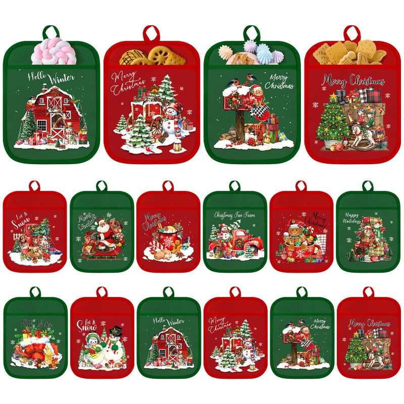 Jingmore 12 Pcs Christmas Pot Holders with Pocket Red Green Pot Holders for Kitchen Santa Claus Snowman Hot Pads and Oven Mitts Cute Farmhouse Oven Gloves Gift for Christmas Winter Baking Cooking - Image 2