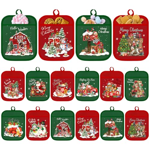 Jingmore 12 Pcs Christmas Pot Holders with Pocket Red Green Pot Holders for Kitchen Santa Claus Snowman Hot Pads and Oven Mitts Cute Farmhouse Oven Gloves Gift for Christmas Winter Baking Cooking - Image 1