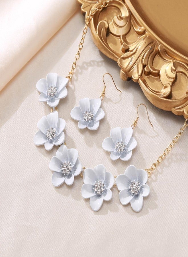 Flyonce White Flower Necklace for Women, Summer Boho Floral Choker Necklaces with Earrings Holiday Jewelry - Image 4