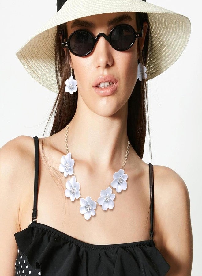 Flyonce White Flower Necklace for Women, Summer Boho Floral Choker Necklaces with Earrings Holiday Jewelry - Image 3