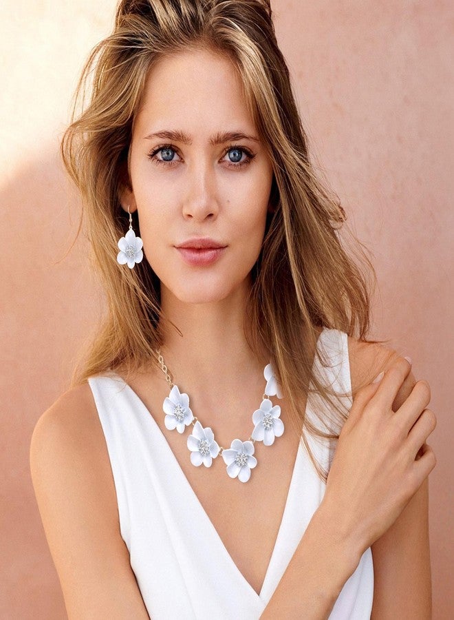 Flyonce White Flower Necklace for Women, Summer Boho Floral Choker Necklaces with Earrings Holiday Jewelry - Image 2
