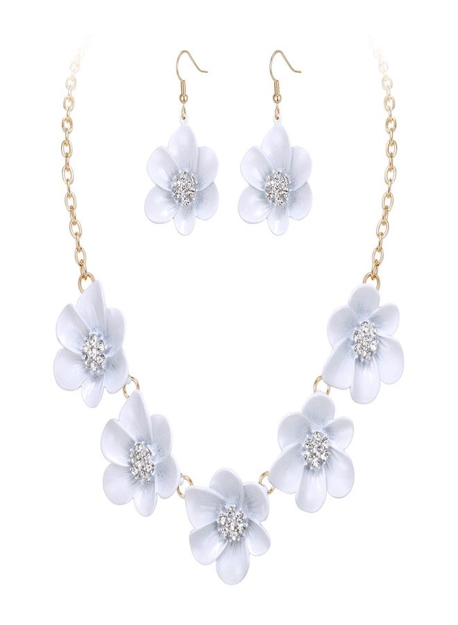 Flyonce White Flower Necklace for Women, Summer Boho Floral Choker Necklaces with Earrings Holiday Jewelry - Image 1