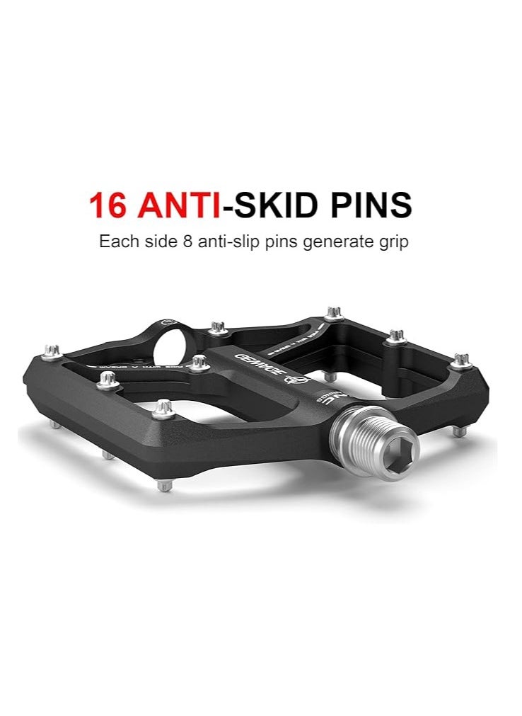 General - Road/Mountain Bike Pedals - 3 Bearing Bicycle Pedals - 9/16 inch CNC machined flat pedals with removable non-slip studs - Image 1