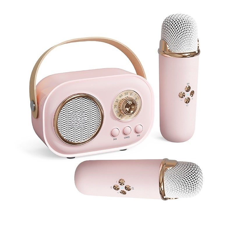 Portable Retro Karaoke Machine: Pink ABS Compact Size With Handle, Bluetooth 5.0, Enhanced Stereo Sound, 1 Click Original Sound Removal, 6 Built-In Effects, 2 Wireless Microphones - For Kids, Home Par - Image 2