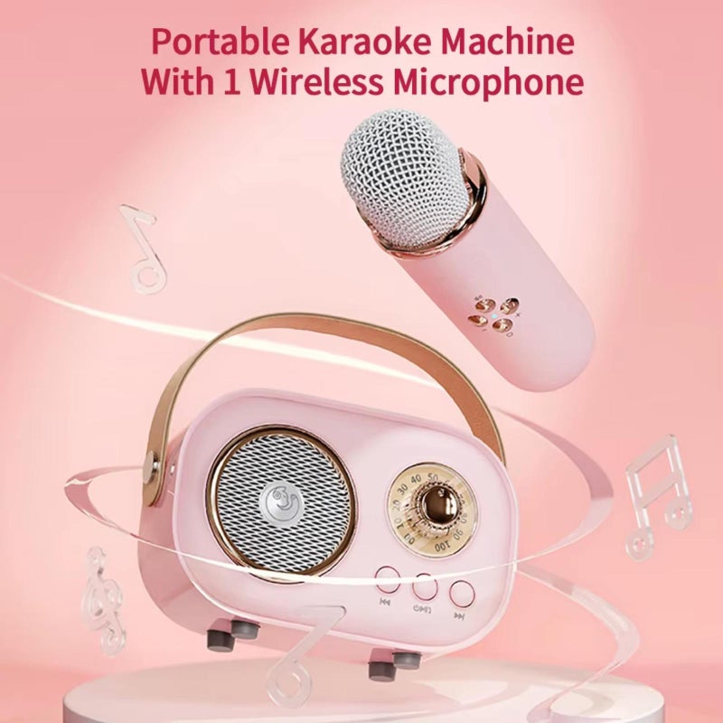 Portable Retro Karaoke Machine: Pink ABS Compact Size With Handle, Bluetooth 5.0, Enhanced Stereo Sound, 1 Click Original Sound Removal, 6 Built-In Effects, 2 Wireless Microphones - For Kids, Home Par - Image 1
