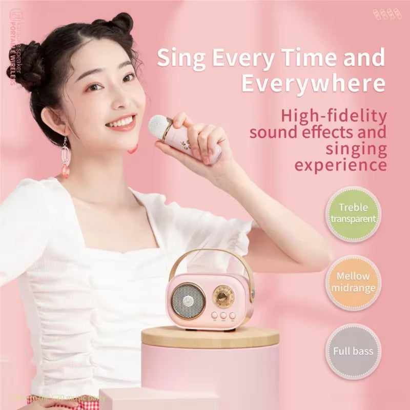 Portable Retro Karaoke Machine: Pink ABS Compact Size With Handle, Bluetooth 5.0, Enhanced Stereo Sound, 1 Click Original Sound Removal, 6 Built-In Effects, 2 Wireless Microphones - For Kids, Home Par - Image 3