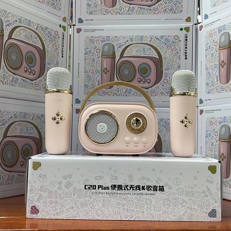 Portable Retro Karaoke Machine: Pink ABS Compact Size With Handle, Bluetooth 5.0, Enhanced Stereo Sound, 1 Click Original Sound Removal, 6 Built-In Effects, 2 Wireless Microphones - For Kids, Home Par - Image 4