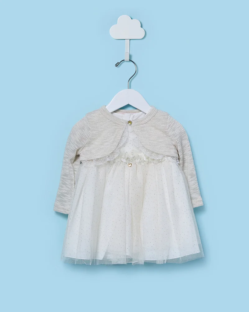 Redtag Infant Girls Ivory Mesh Dress With Shrug And Headband
