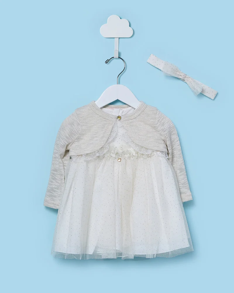 Redtag Infant Girls Ivory Mesh Dress With Shrug And Headband
