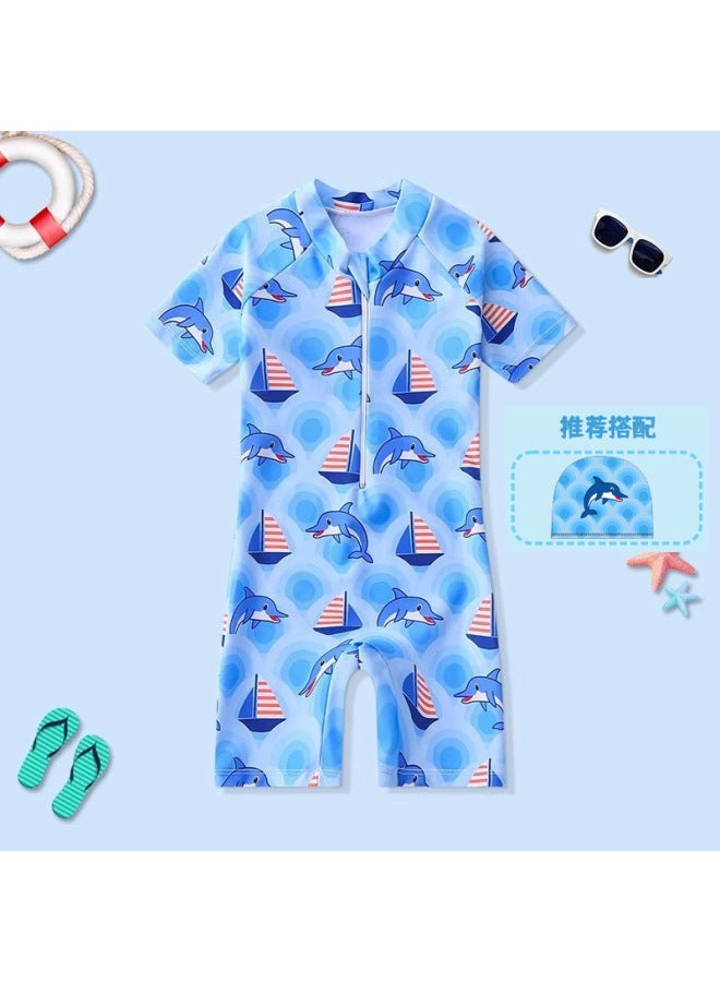 New Girls' Swimsuit Cartoon Short-sleeved Children's Swimming Suit 3-year-old 6-year-old Men's Swimsuit Suit Swimming Cap