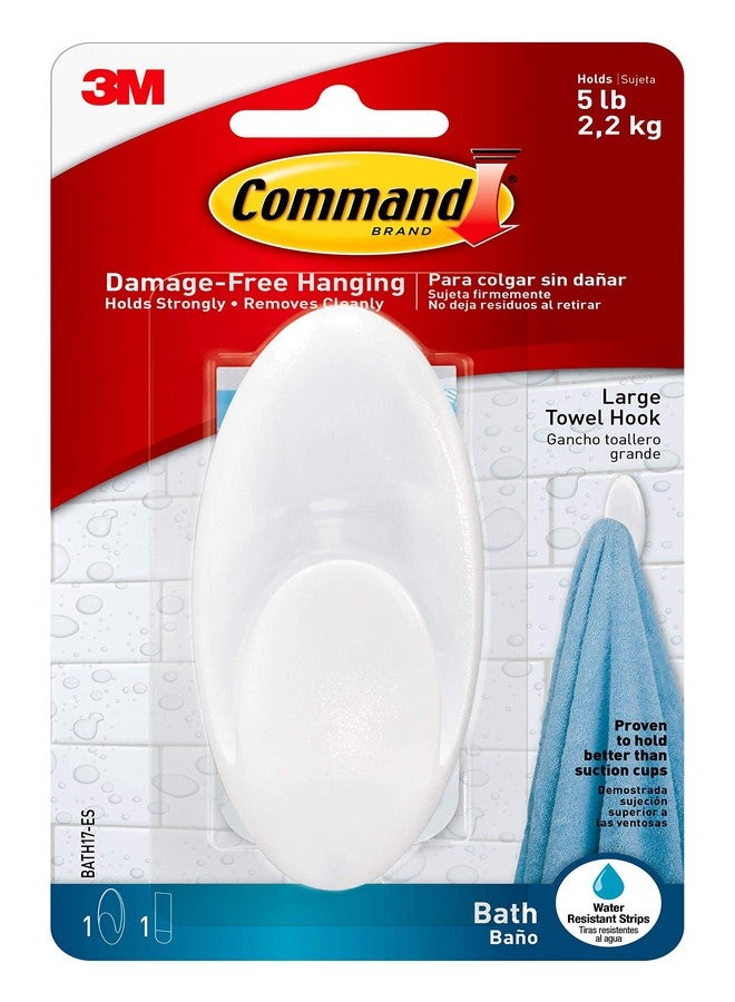 Command Large Towel Hook, Holds up to 5 lb, 1 Bath Hook with 1 Water-Resistant Command Strip, Damage Free Bathroom Organization for Robes, Towels, Loofahs, or Bathroom Accessories - Image 1