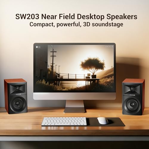Sanyun SW203 2.0 Desktop Computer Speakers - Near-Field 3D Stereo with Vertical Imaging - 60W Triple-DSP Dual Independent Drive - 24bit USB-C DAC Bluetooth 5.4 AUX, HiFi PC Gaming (Pair, Cherry) - Image 2