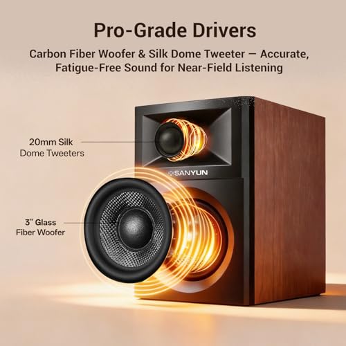 Sanyun SW203 2.0 Desktop Computer Speakers - Near-Field 3D Stereo with Vertical Imaging - 60W Triple-DSP Dual Independent Drive - 24bit USB-C DAC Bluetooth 5.4 AUX, HiFi PC Gaming (Pair, Cherry) - Image 4