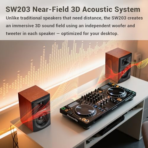 Sanyun SW203 2.0 Desktop Computer Speakers - Near-Field 3D Stereo with Vertical Imaging - 60W Triple-DSP Dual Independent Drive - 24bit USB-C DAC Bluetooth 5.4 AUX, HiFi PC Gaming (Pair, Cherry) - Image 5