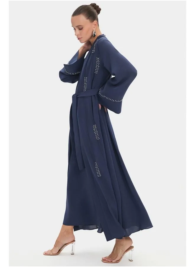 جون June Women Crew Neck Embroidered Waist Tie Detail Abaya Indigo