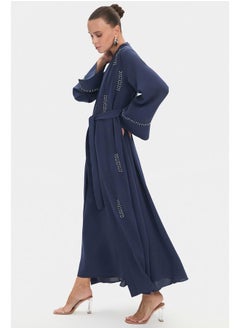 JUNE June Women Crew Neck Embroidered Waist Tie Detail Abaya Indigo  - Image 2