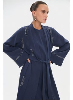 JUNE June Women Crew Neck Embroidered Waist Tie Detail Abaya Indigo  - Image 3
