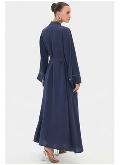 JUNE June Women Crew Neck Embroidered Waist Tie Detail Abaya Indigo  - Image 4
