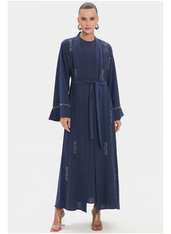 JUNE June Women Crew Neck Embroidered Waist Tie Detail Abaya Indigo  - Image 1