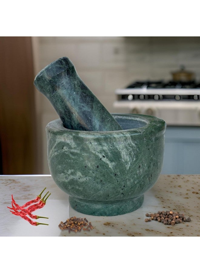 Salvus App SOLUTIONS مجموعة مدقة وهاون يدوية من الرخام الأخضر الإيطالي سالفوس للحلول للاستخدام المنزلي والمطبخ (3x2 بوصة) - Image 5