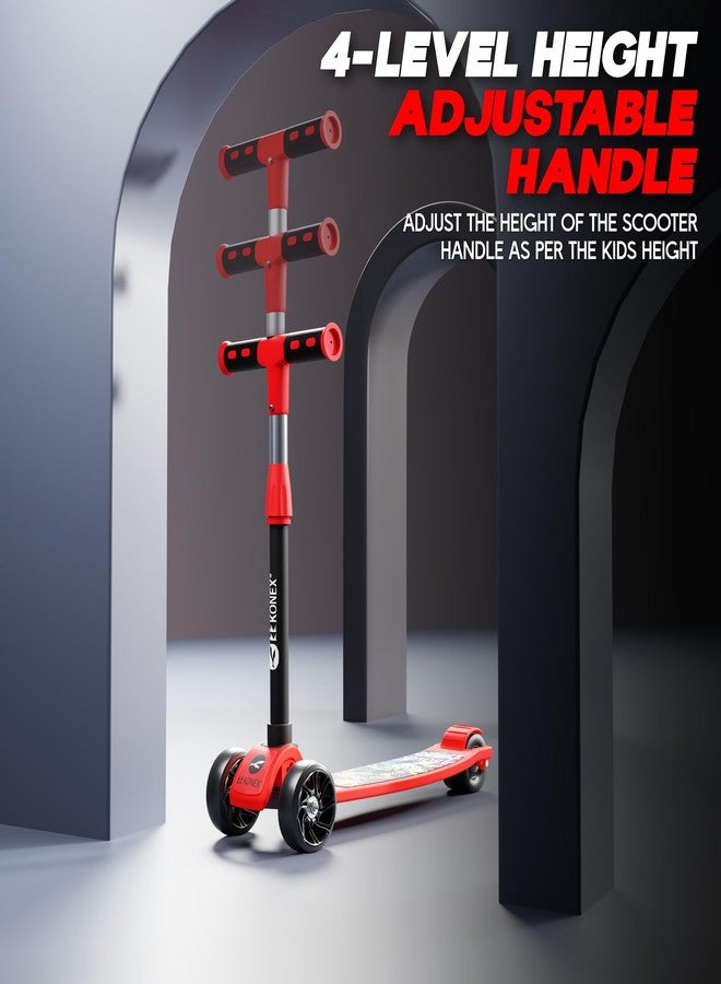 Konex Kick Scooter for Kids (2+ Years) | 3 Broad Rubber Wheels for Smooth Ride | 4-Level Height Adjustable Handle | Foldable & Portable with Back Brake (Red-Black, ECO) - Image 2